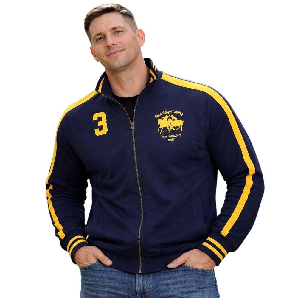 Vintage Polo Ralph Lauren Mens Varsity Track Jacket XXL Navy Yellow Full Zip